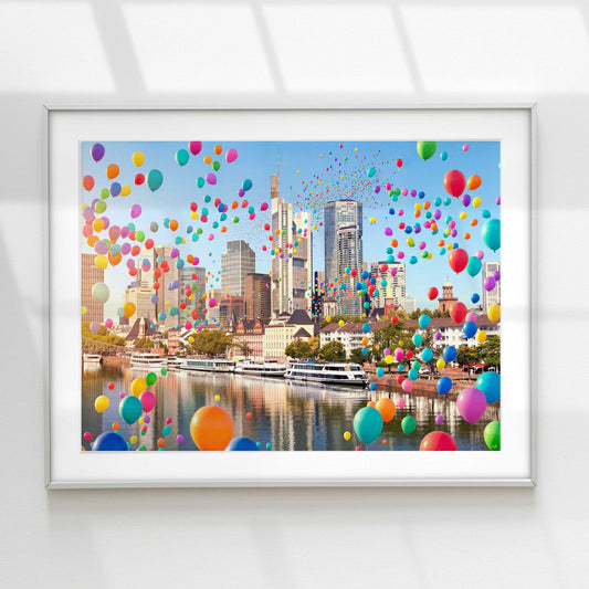 Buntes Frankfurt Am Main, Wandbild mit bunten Luftballons über dem Main mit Skyline und Ausflugsschiffen