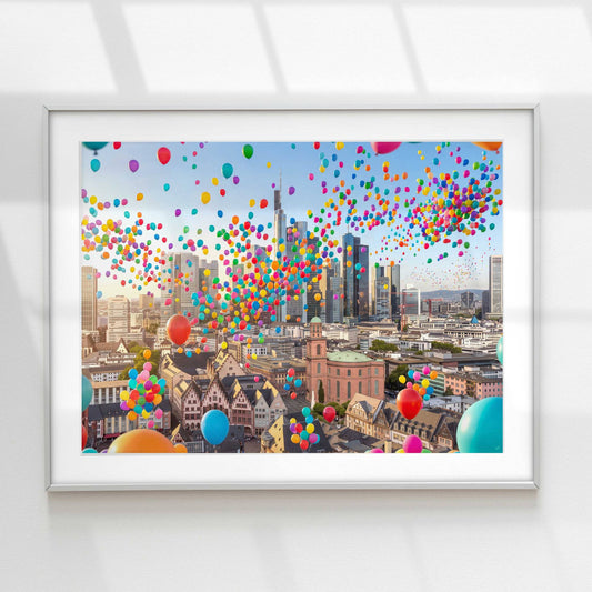Buntes Frankfurt Skyline, Wandbild mit bunten Luftballons über Römer, Paulskirche und Frankfurter Skyline