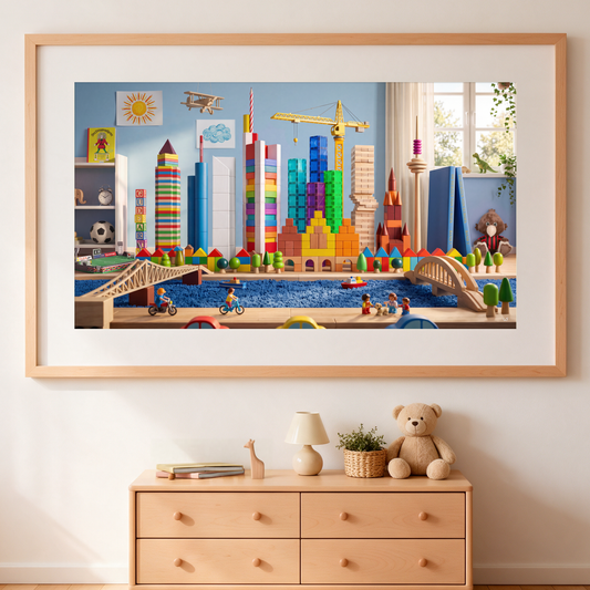 Bauklotz-Skyline von Frankfurt als FineArt Print im Rahmen aus gemaserter Buche mit Passepartout im Kinderzimmer