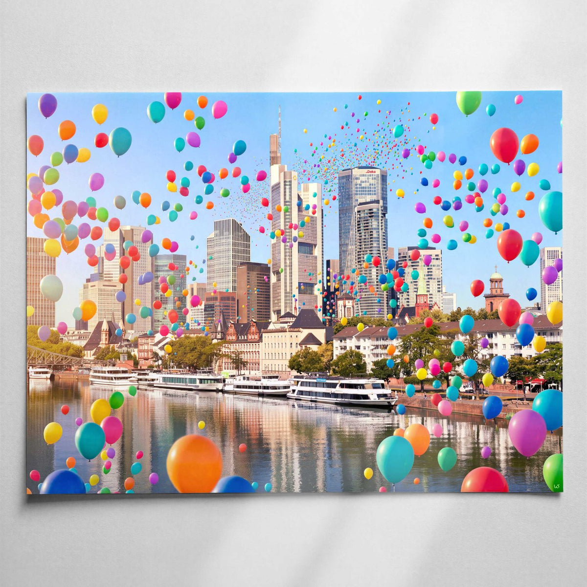 Buntes Frankfurt Am Main, Wandbild mit bunten Luftballons über dem Main mit Skyline und Ausflugsschiffen