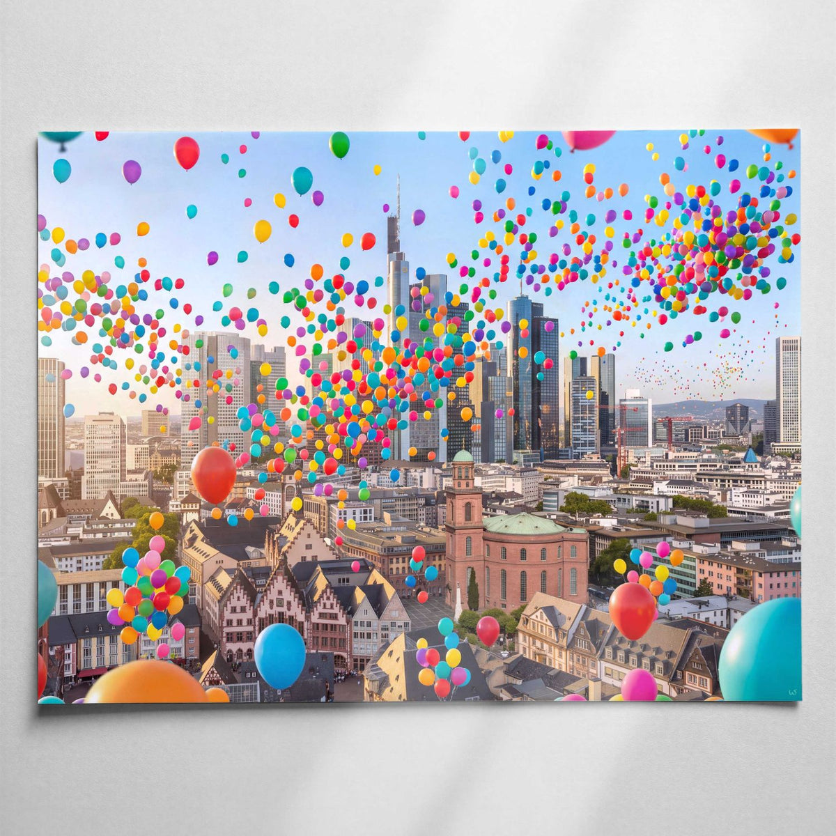 Buntes Frankfurt Skyline, Wandbild mit bunten Luftballons über Römer, Paulskirche und Frankfurter Skyline