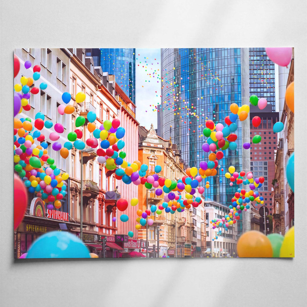 Buntes Frankfurt Taunusstraße, Wandbild mit bunten Luftballons über der Straßenschlucht im Bahnhofsviertel