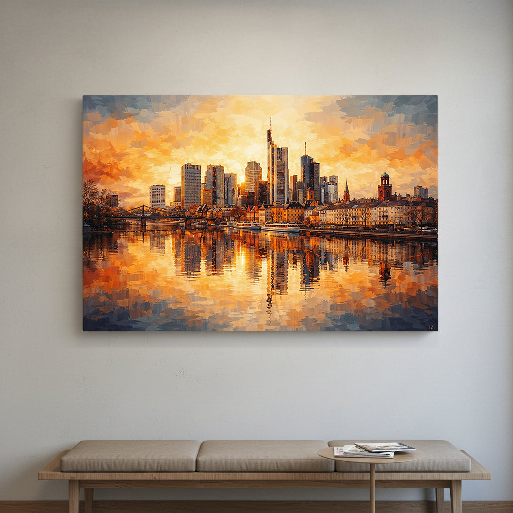 Frankfurt Skyline Goldene Stunde, Raumansicht – Wandbild