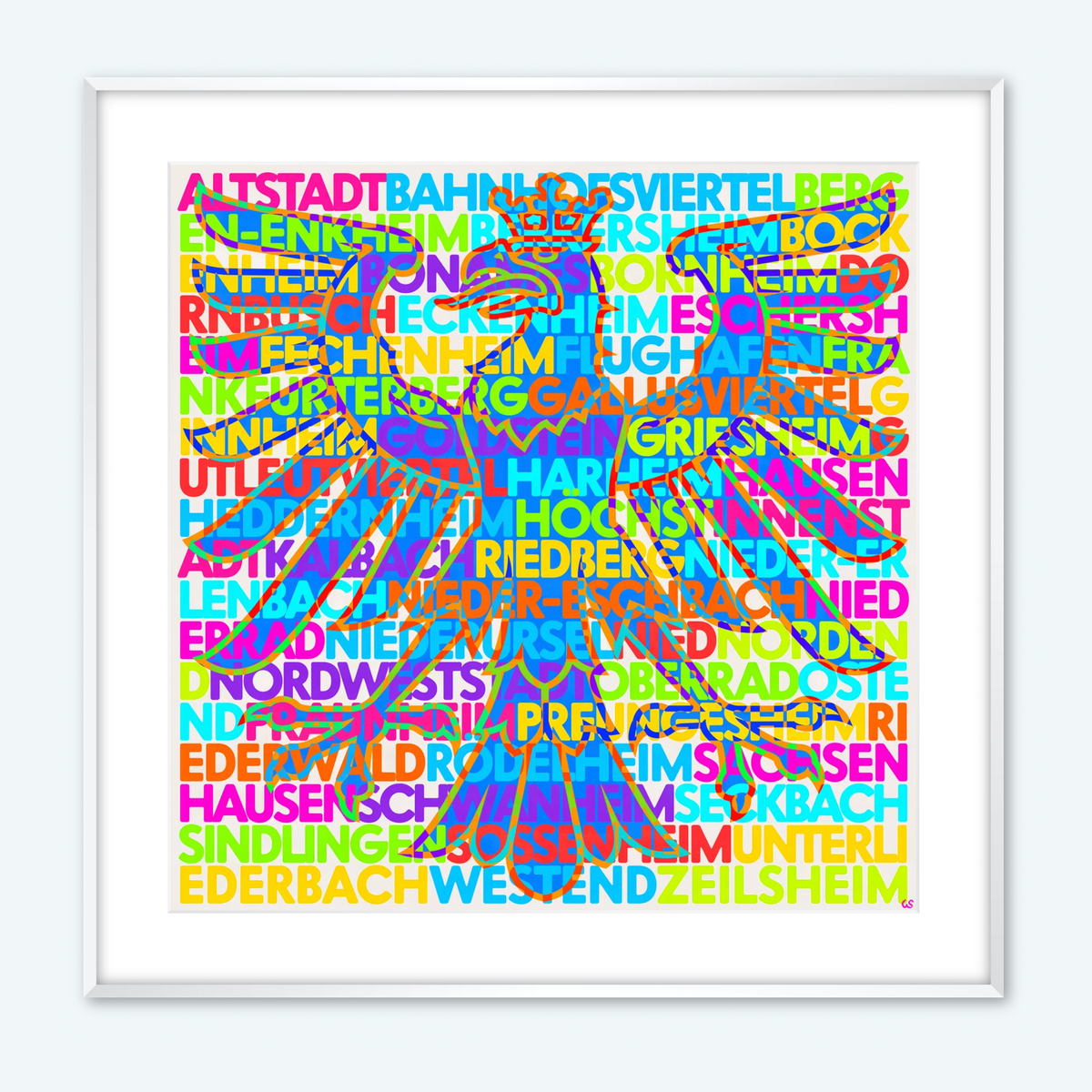 Frankfurt Stadtteile mit Adler, 60cm, Raumansicht – Frankfurt Wandbild