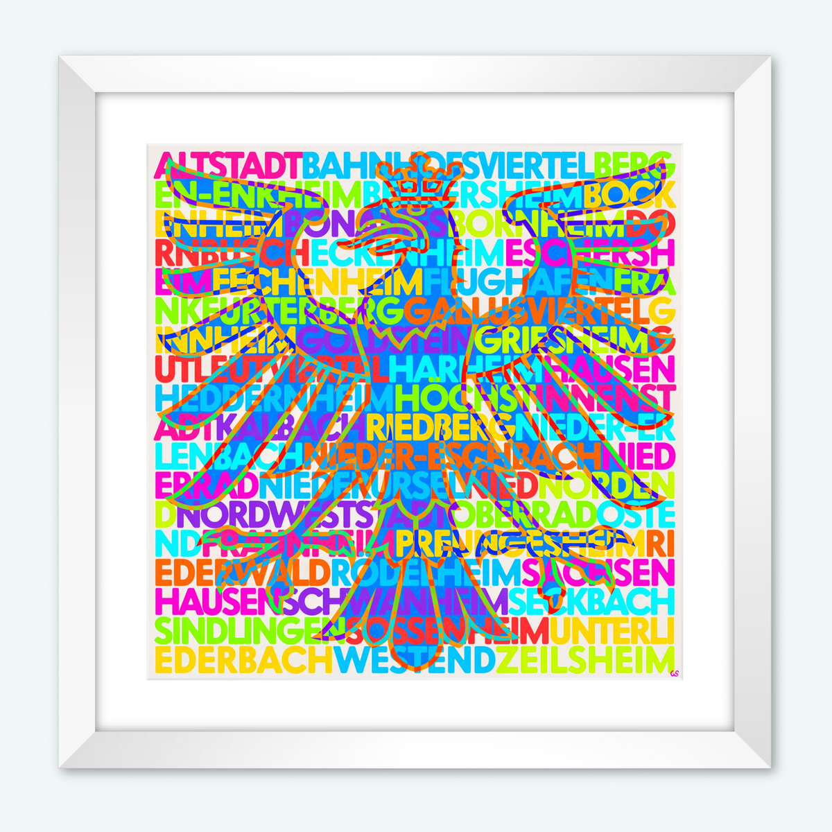 Frankfurt Stadtteile mit Adler, Holzrahmen breit 60cm, Raumansicht – Frankfurt Wandbild